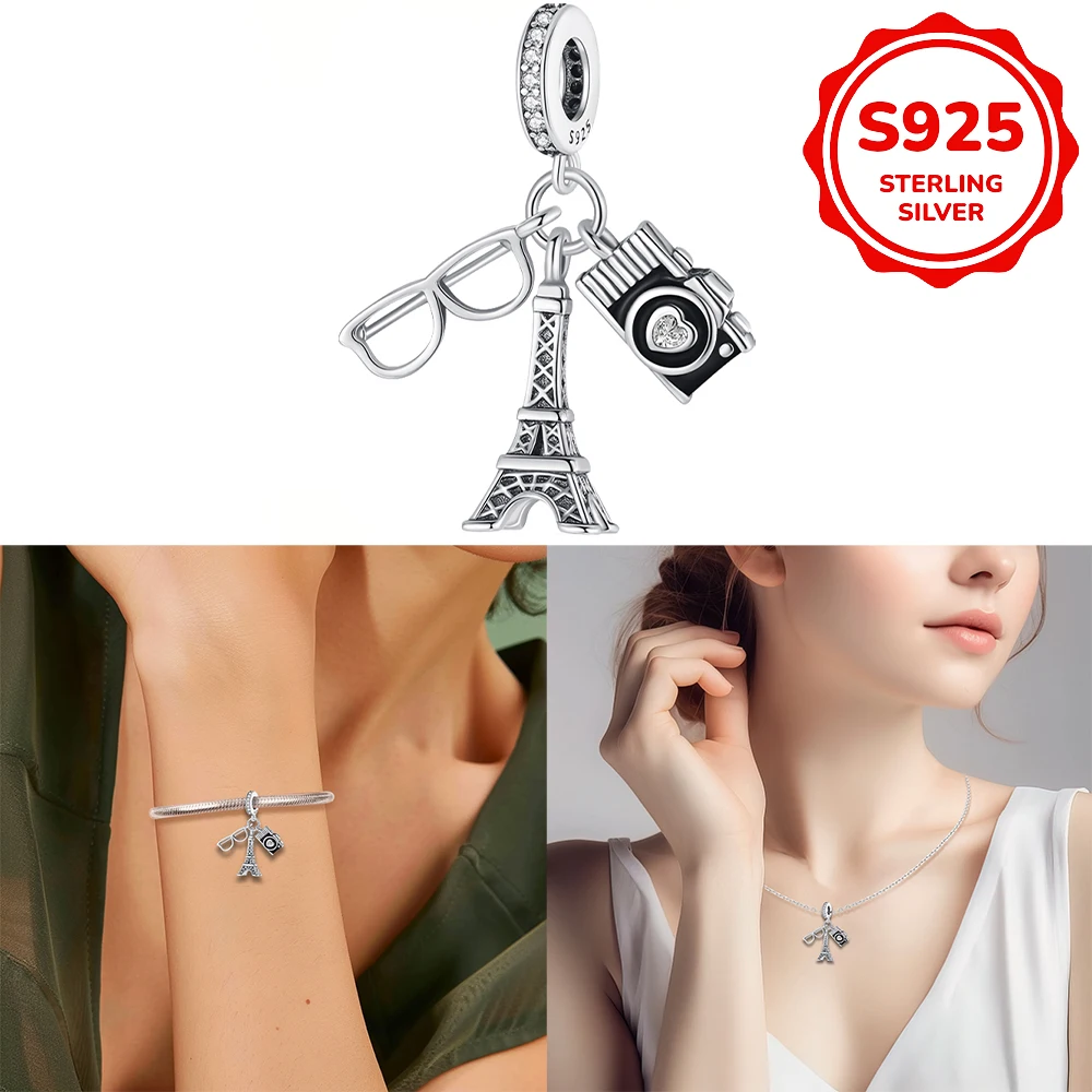 925 sterling silver Eiffel Tower camera glasses pendant compatible with original bracelet, men's and women's DIY jewelry gift