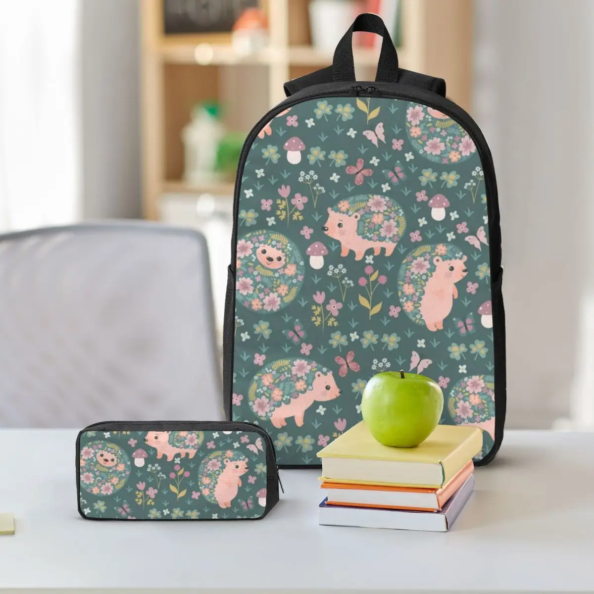 Hedgehog And Floral Pattern Backpack Student BookBag School Bag Shoulder Bags 3ps Insulated Lunch Bag Pencil Case