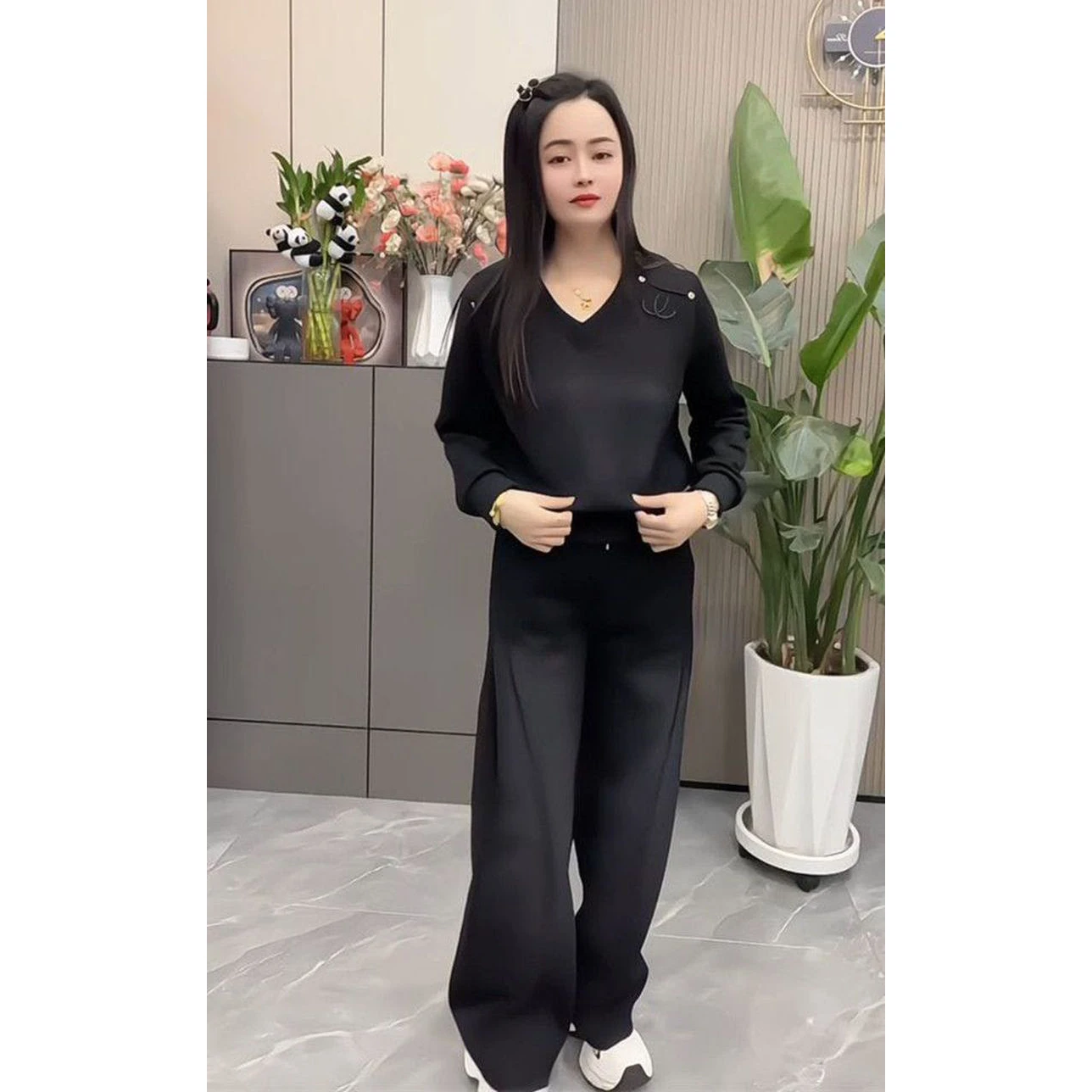 Fashionable Casual Cotton-Like Twill Set Long Sleeve Wide Leg Pants Two-Piece Spring Autumn Wear Women's Leisure Gradient Col...