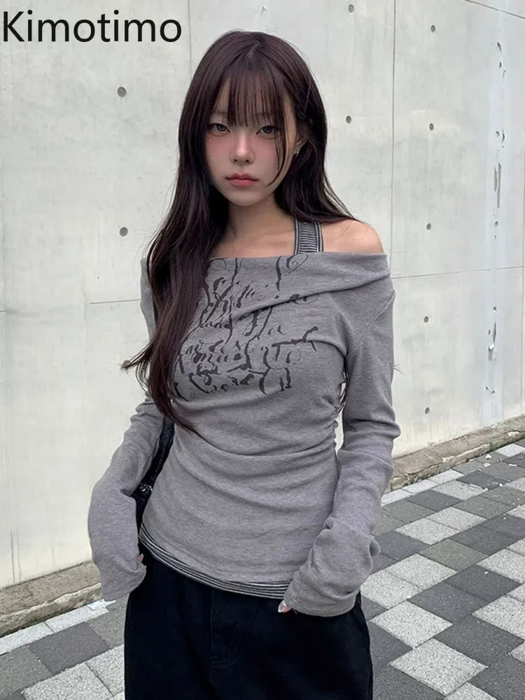 

Kimotimo Harajuku Graffiti Print Striped Halter Long Sleeve T Shirt Women Sexy Off Shoulder Slim Fit Tops Y2k Aesthetic Tees Ins