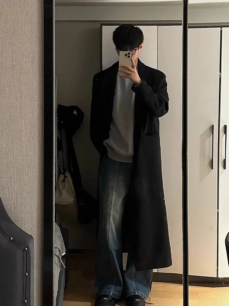 

Мужское шерстяное пальто средней длины, простое, в корейском стиле, высококачественная легкая ветровка из полиэфирного волокна, длинное