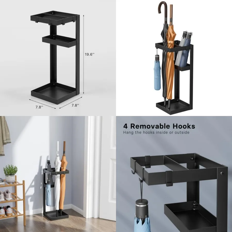 

Umbrella Stand, Steel Umbrella Holder Rack with Small Shelf, for Entryway, Office, 4 Hooks, Black