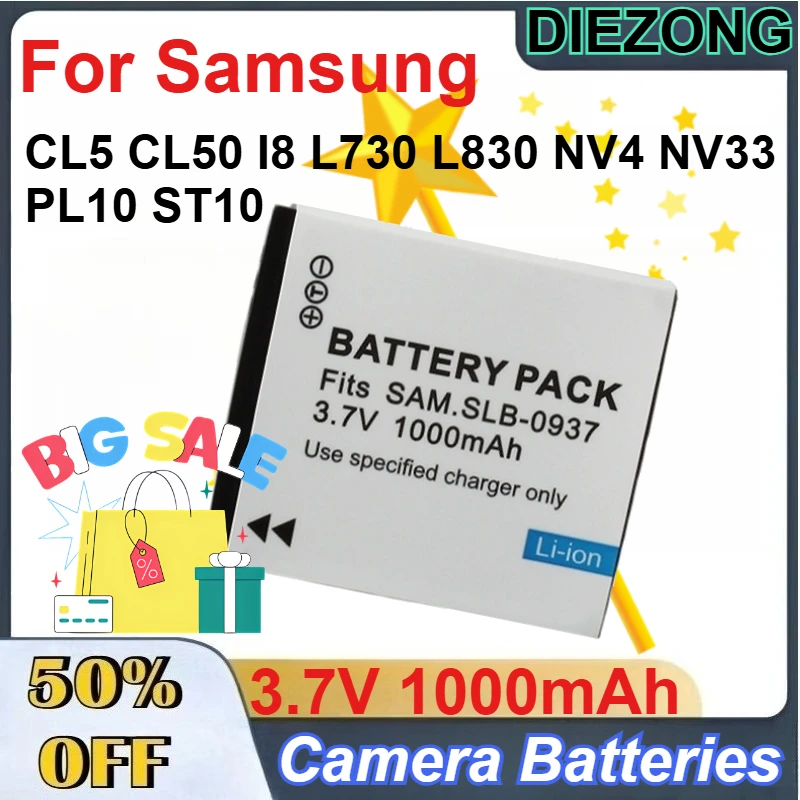 

SLB-0937 Rechargeable Li-Ion Battery 3.7V 1000mAh for Samsung CL5 CL50 I8 L730 L830 NV4 NV33 PL10 ST10 Camera Batteries