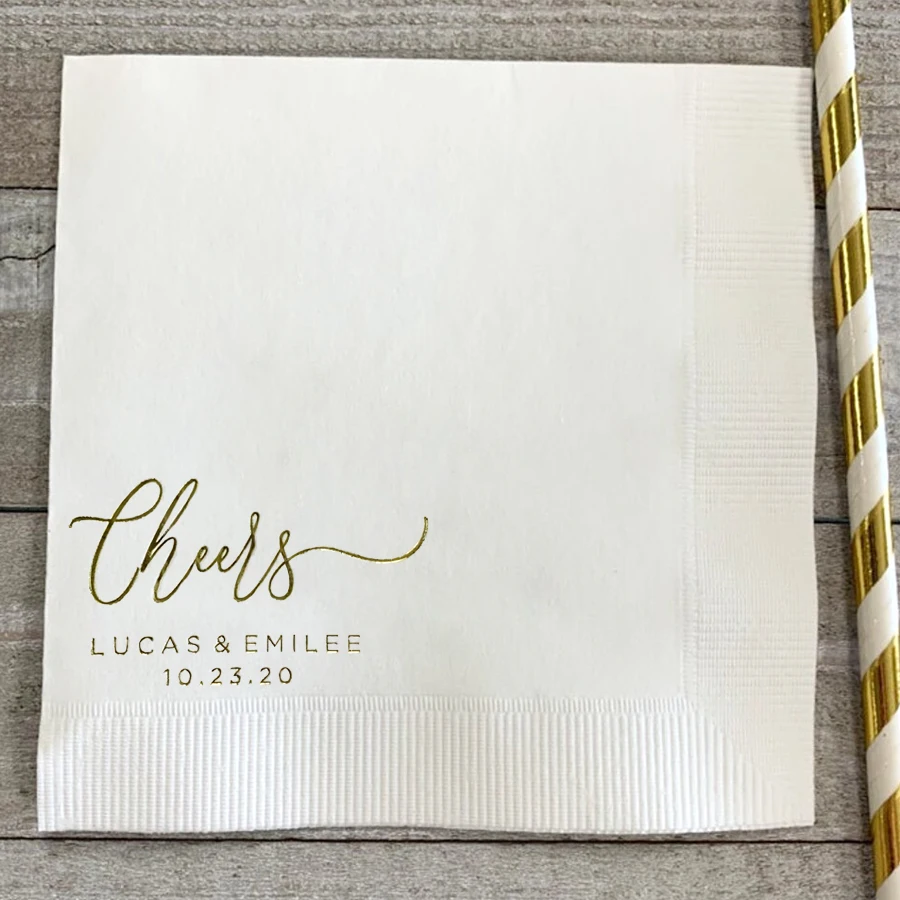 

100PCS Personalized Wedding Napkins, Disposable Wedding White Paper Napkins with Gold Foil Text, Custom Cocktail Napkins