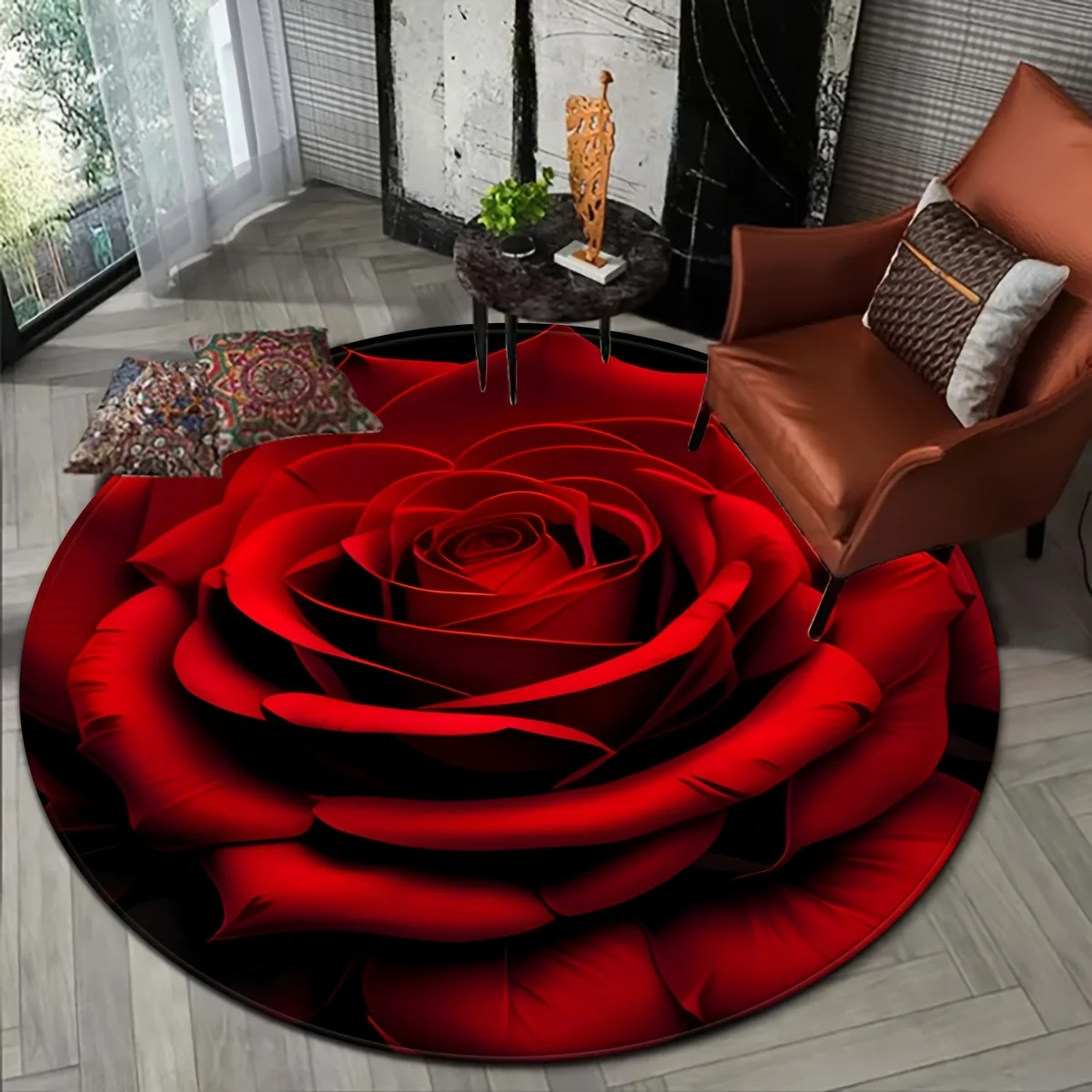 Valentine Red Rose Round Rug - Minimalist Floor Mat for Living Room Bedroom Vanity Study Chair, Romantic Home Decor Cushion