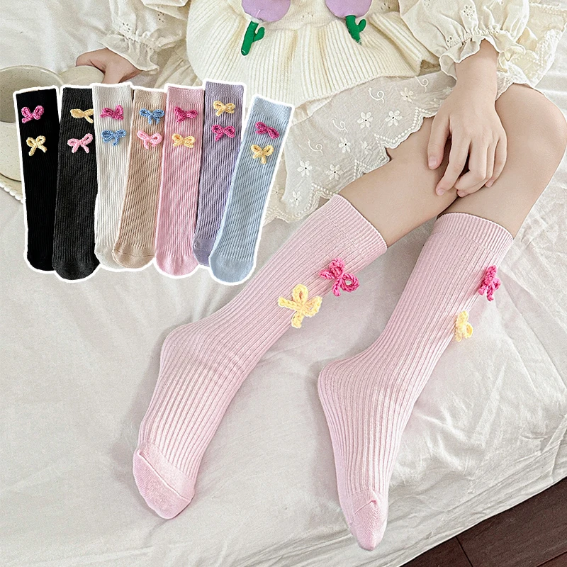 

Sweet Girls Bow Socks Spring Autumn Kids Middle Tube Sock Solid Color Children Calf Stockings Cotton Breathable Baby Footwear