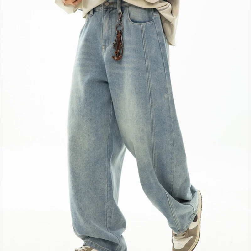 

Do Old Washed Jeans Men's Split Splicing Design Machete Pants Vintage Loose Silhouette Long Pants Soft Wide Leg Pants