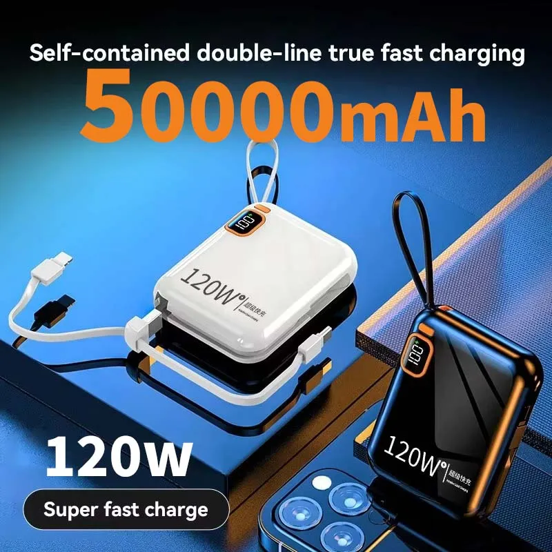 

120W 3 in 1 line Two-way Fast Charging 50000mAh Portable Power Bank High Capacity Cable Mini Powerbank for iPhone XIAOMI