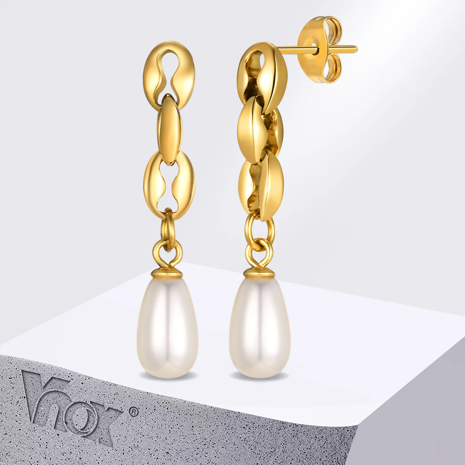 Vnox Elegant Artifial Pearl Earrings, Gold Plated Stainless Steel Oval Links Dangle Earrings for Women Lady Party Jewelry