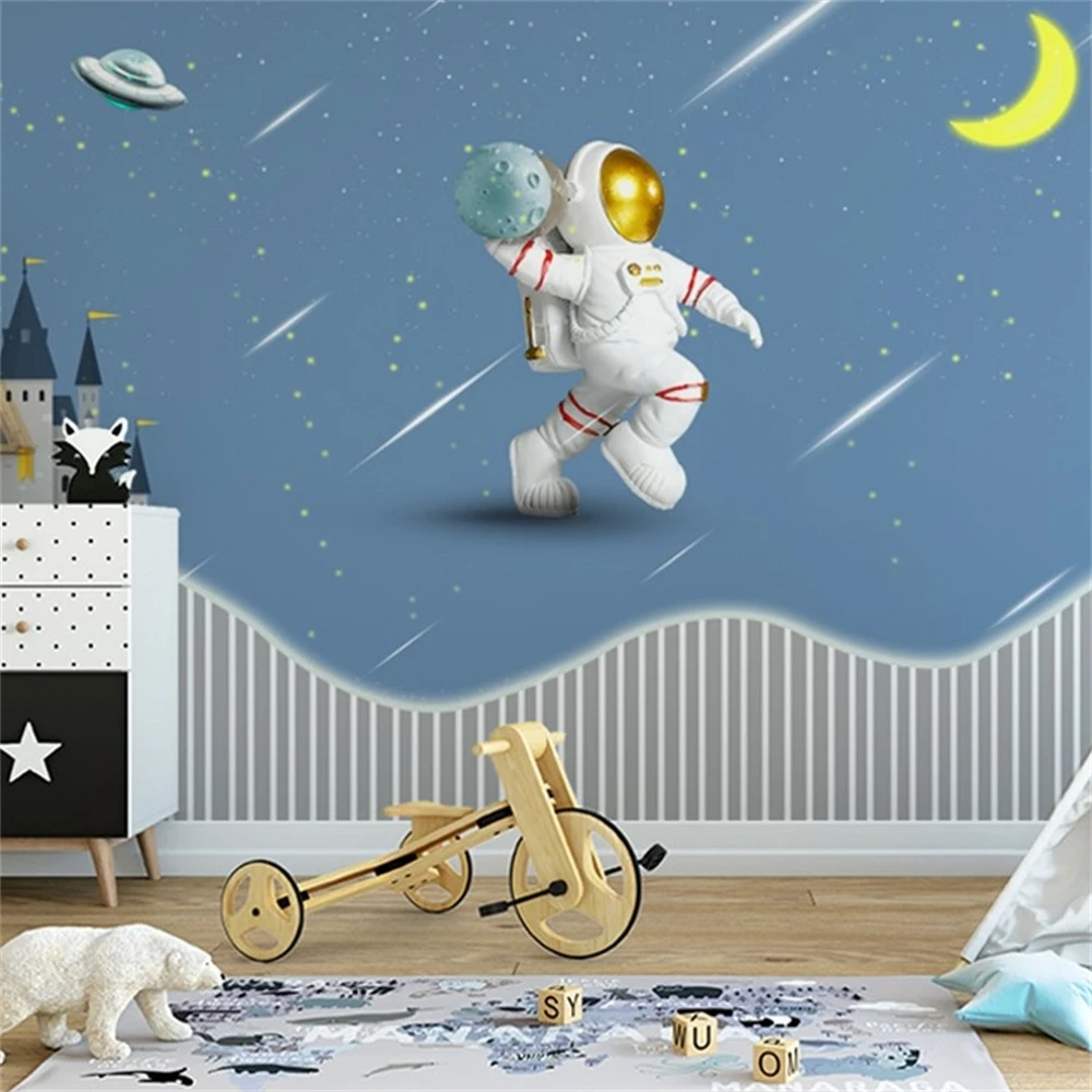 Custom Spacecraft Wallpaper for Children's Room Boy's Room Cartoon Rocket art Wall paper home decor Kindergarten TV Background