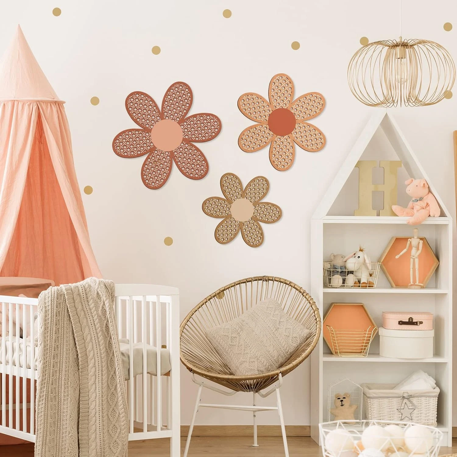 3 Pieces Boho Daisy Wall Decor Natural Rattan Flower Wall Hanging Art Wooden Boho Art Nursery Flowers Farmhouse Hanging Decor view 5