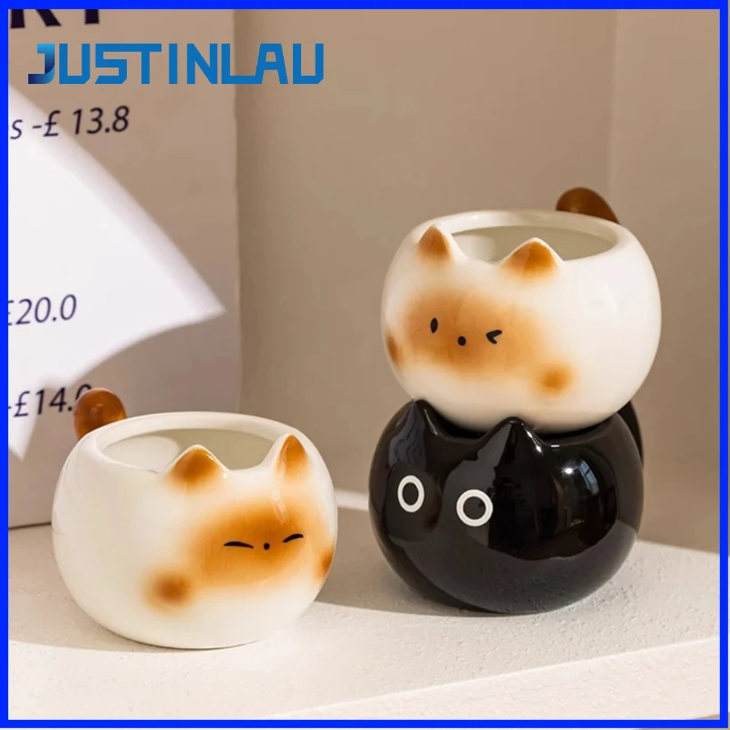 JUSTINLAU Taza de Café de Cerámica con Diseño de Gato Siamés de 210 ml, Taza de Gatito Exquisita de Alta Calidad, Taza Creativa para Latte Art, Taza para Beber en el Hogar