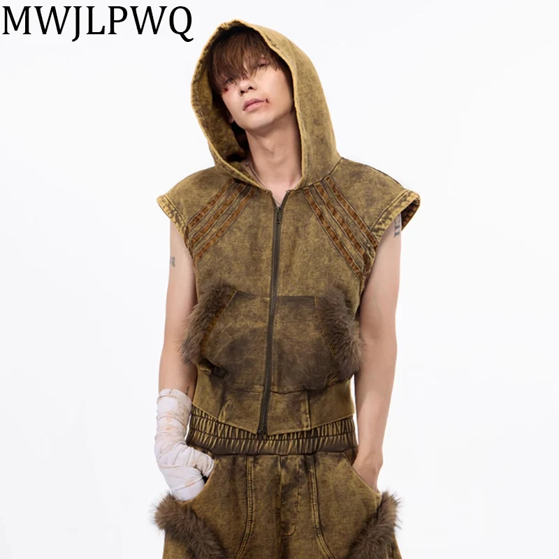 

MWJLPWQ Джинсовые жилеты со сращенным мехом и нишей, мужские уличные летние тяжелые новые модные свободные топы с капюшоном, тренд 010793