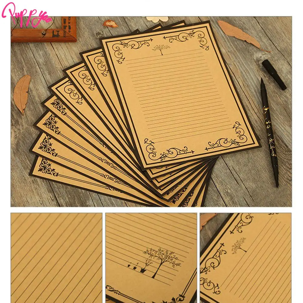 8Pcs/set Decorative Kraft Paper Retro Design Vintage Lined Lace Side Letter Pad Letter Paper Stationery Paper Writing Letters