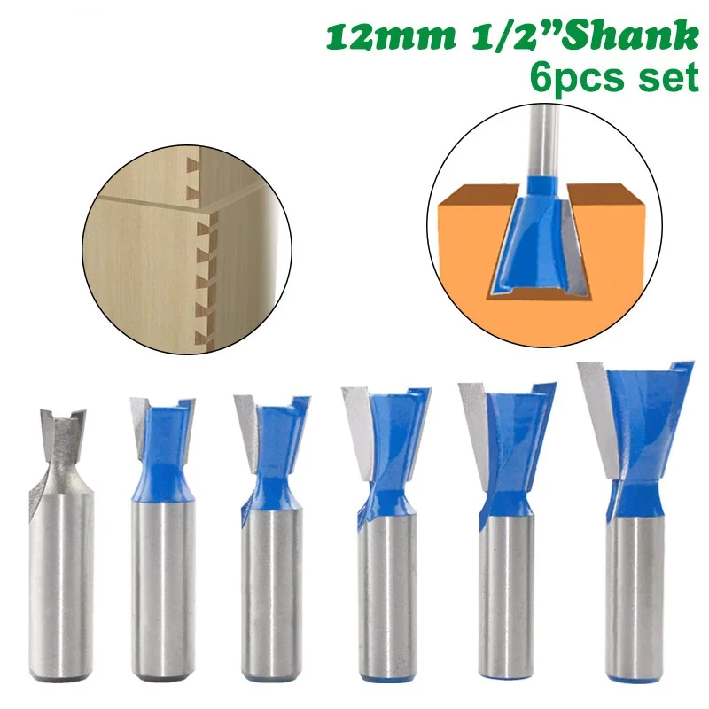 6pcs 12mm Shank 1/2 Dovetail Joint Router Bits Set 14 Degree Woodworking Engraving Bit Milling Cutter for Wood