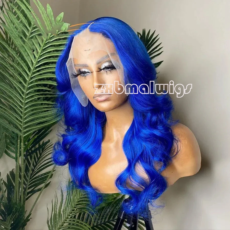 Synthetic Hair Blue Black Long Body Wave 13X4 Lace Front Wig For Women Glueless Preplucked Daily Cosplay Heat Resistant Fiber