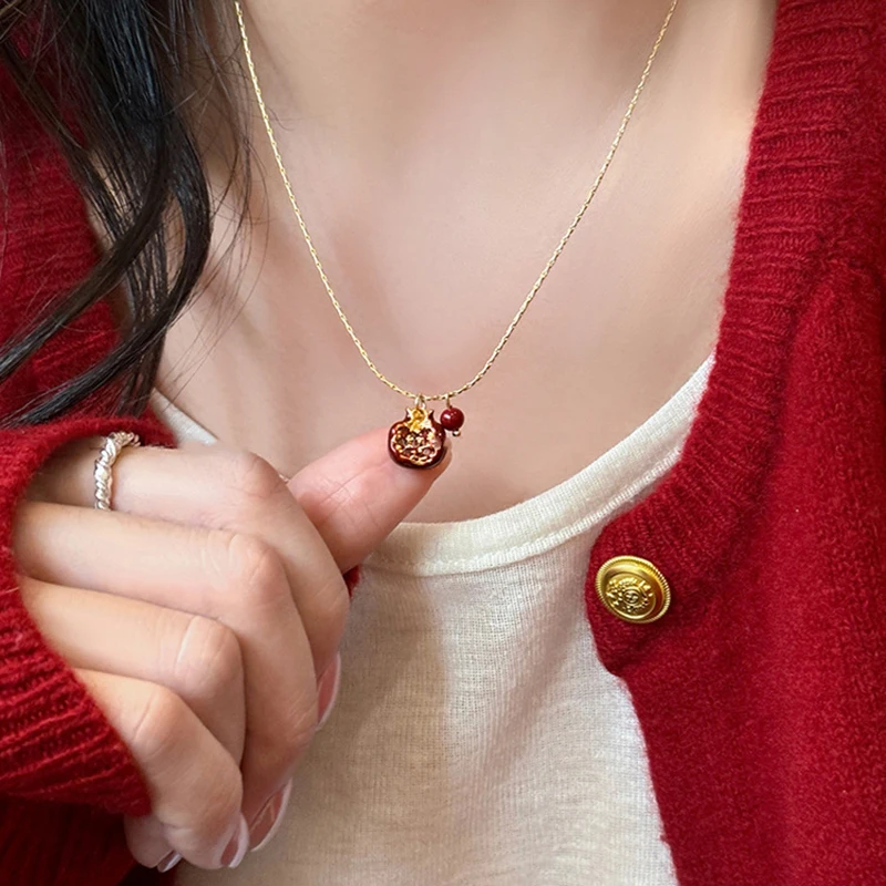 

925 Sterling Silver Necklace Cute Pomegranate Enamel Red Fruit Gold Color for Women Girl Jewelry Gift Dropshipping Wholesale
