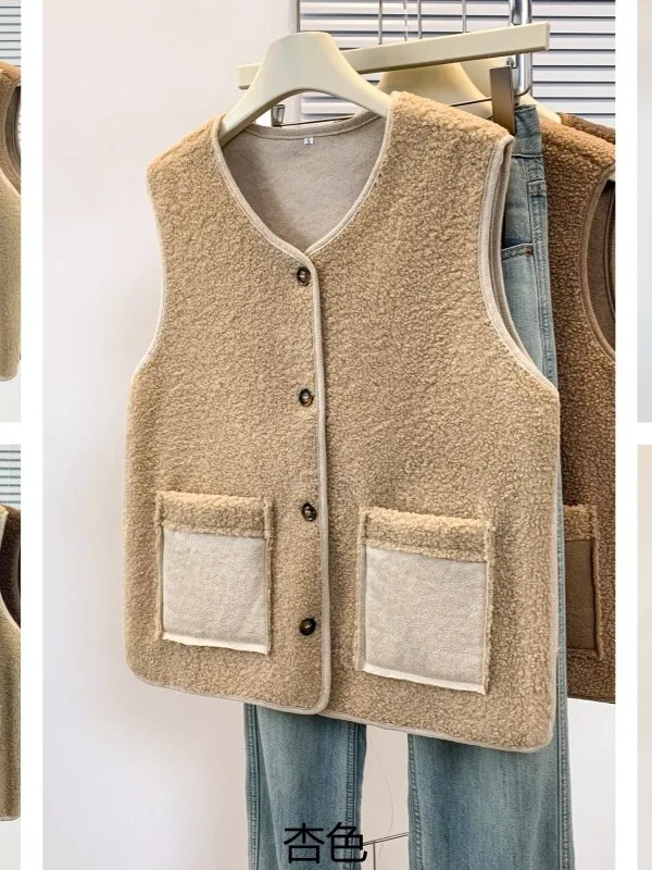 

Бархатный жилет ягненка, женская верхняя одежда, бархатный тюнер на одной пуговице, универсальное пальто с подкладкой на плечах, V-образный вырез, обычная длина