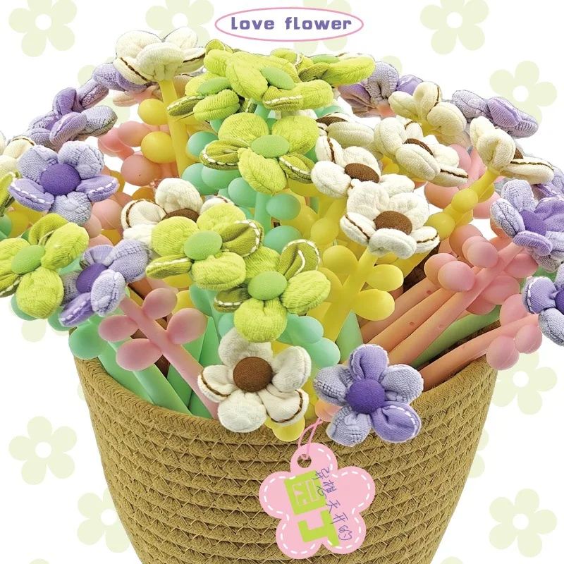 10PCS Fresh Macaron Fabric Flower Pen Cute Three-dimensional Small Floral Decoration Neutral Pen Girl Heart High Value Stationer