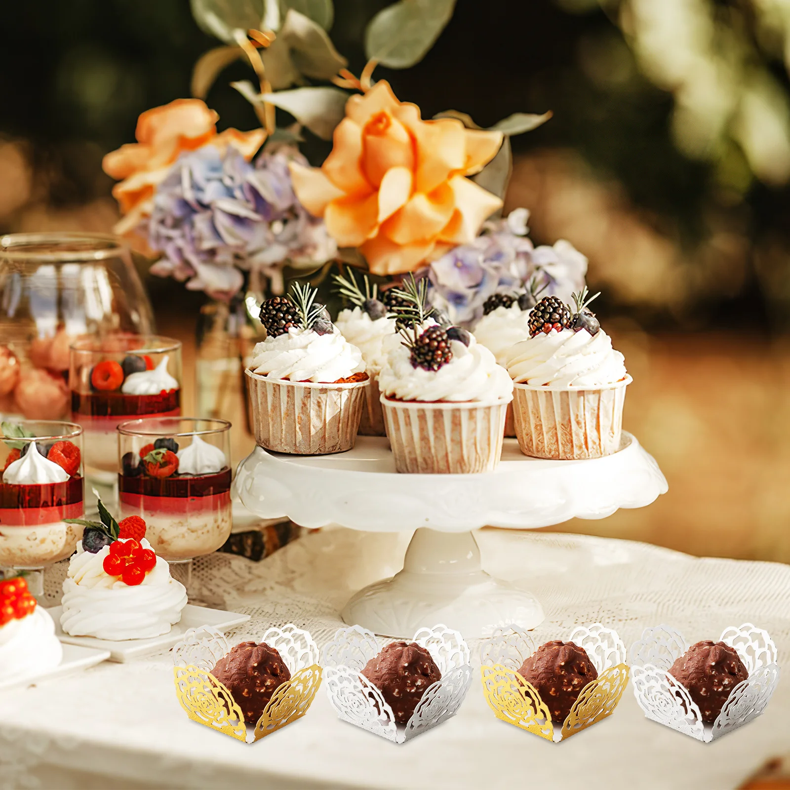 

100Pcs Chocolate Wrappers Hollow-Out Rose Flower Design Chocolate Cups for Party Wedding Dessert Packaging Truffle Liners