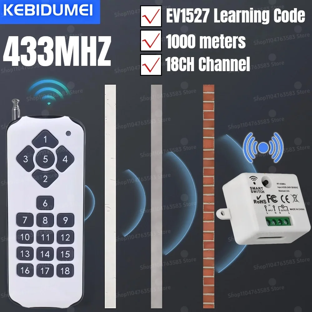 433Mhz Wireless Remote Control 18 Buttons 1527 Learning Code 1000M RF Transmitter for Light Gate Garage Electric Door Motor