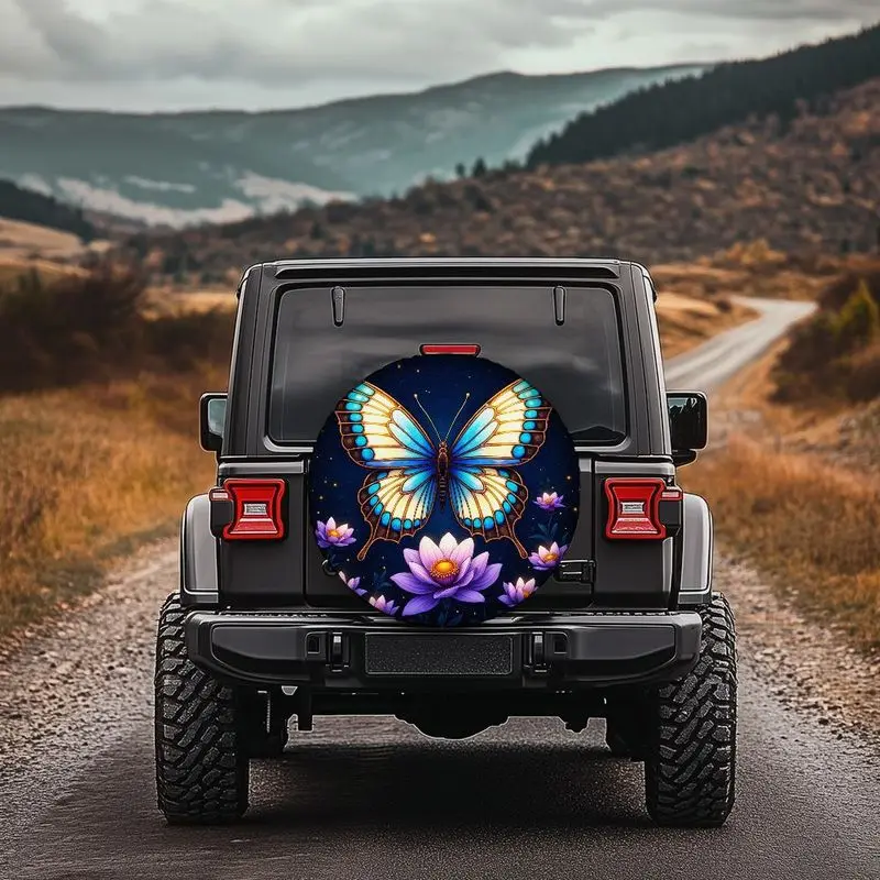 Dreamy Starry Sky Butterfly For Lotus Pattern Polyester Car Tire Cover, Universal Spare Tire Protector
