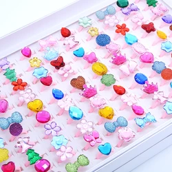 100Pcs Bulk Lot Children Rings Plastic Crystal Mixed Pattern Jewelry Accessory Ring For Girls Dress Up Kids Party Toys Gift