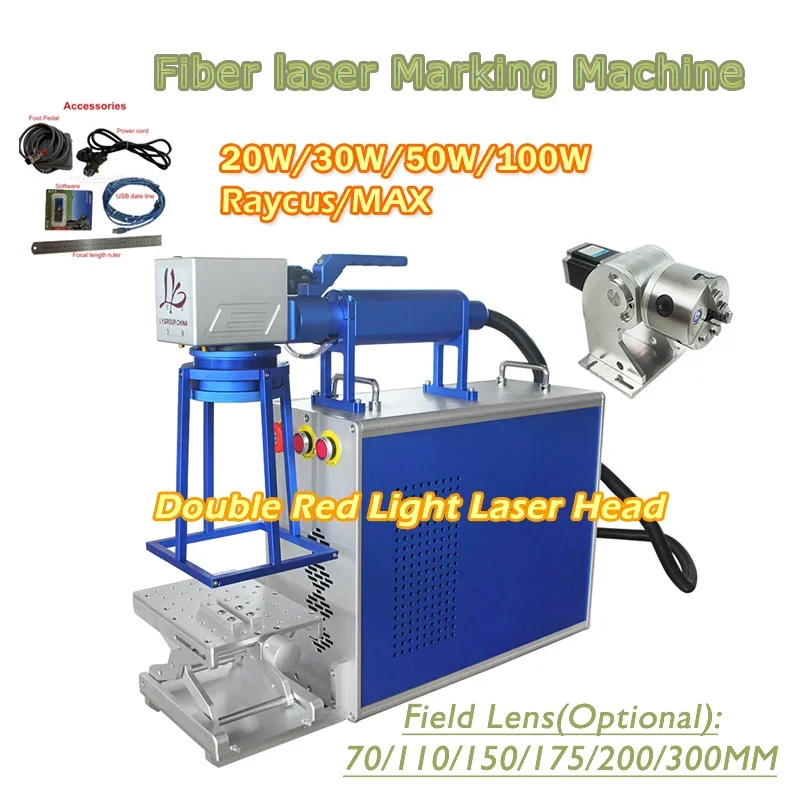 

20W 30W 50W 100W Raycus Fiber Laser Marking Machine Metal Milling Engraving with Double Red Light Laser Head and Rotary