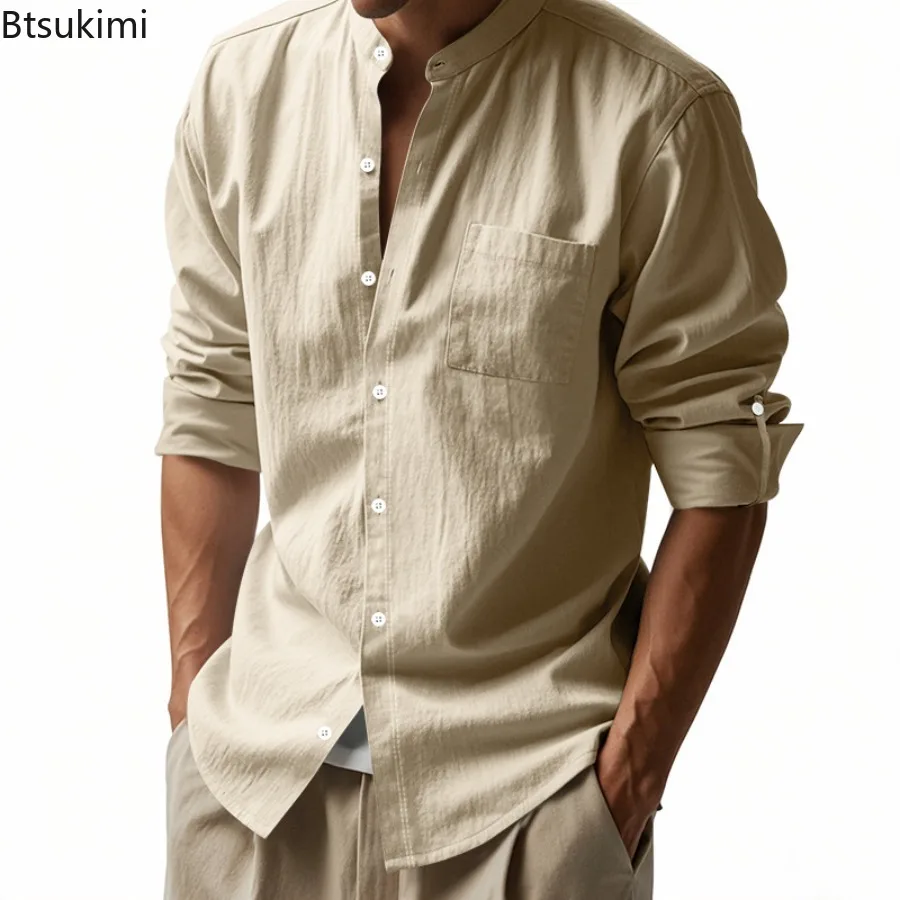 Spring New Men's Long Sleeve Cotton Linen Shirts Fashion Stand Collar Button-up Loose Casual Shirts Men Breathable Pocket Shirts