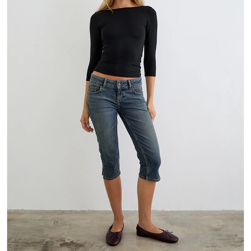 Women's Denim Pencil Capri Pants Button Low Rise Slim Fit Cropped Jeans with Side Slits Hemline Summer Stretch Capris