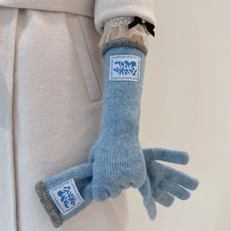 Korean Wool Blend Touchscreen Long  Knitted Gloves Label Tag Design Women Y2K Winter Warm Mittens Ins Fashion Hand Warmer Gift