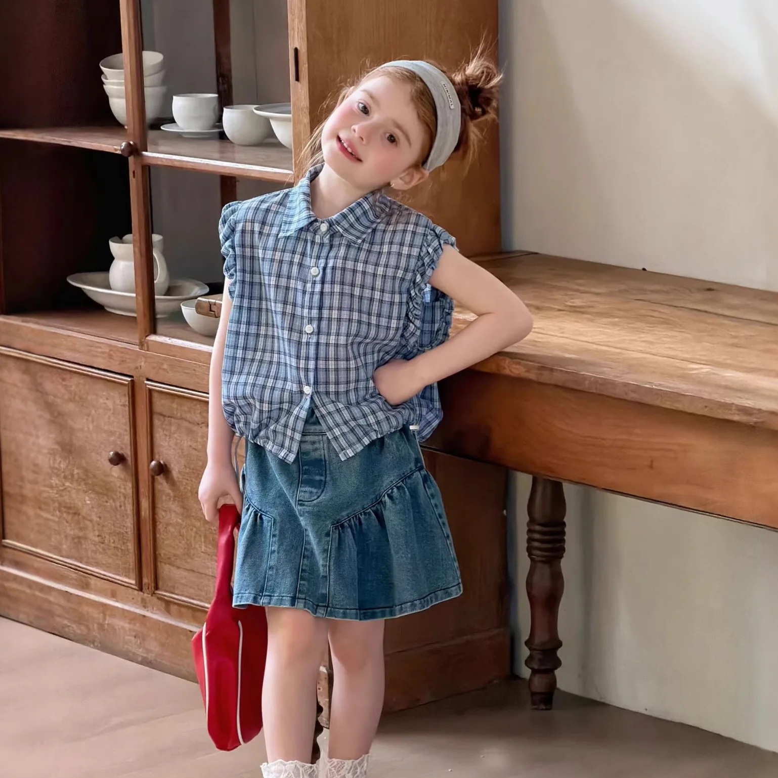 Girls T-shirt 2026 Spring and Summer New Childrens Clothing Korean Style Girl Baby Fashion Sleeveless Frilly Short Plaids Shirt - view 4