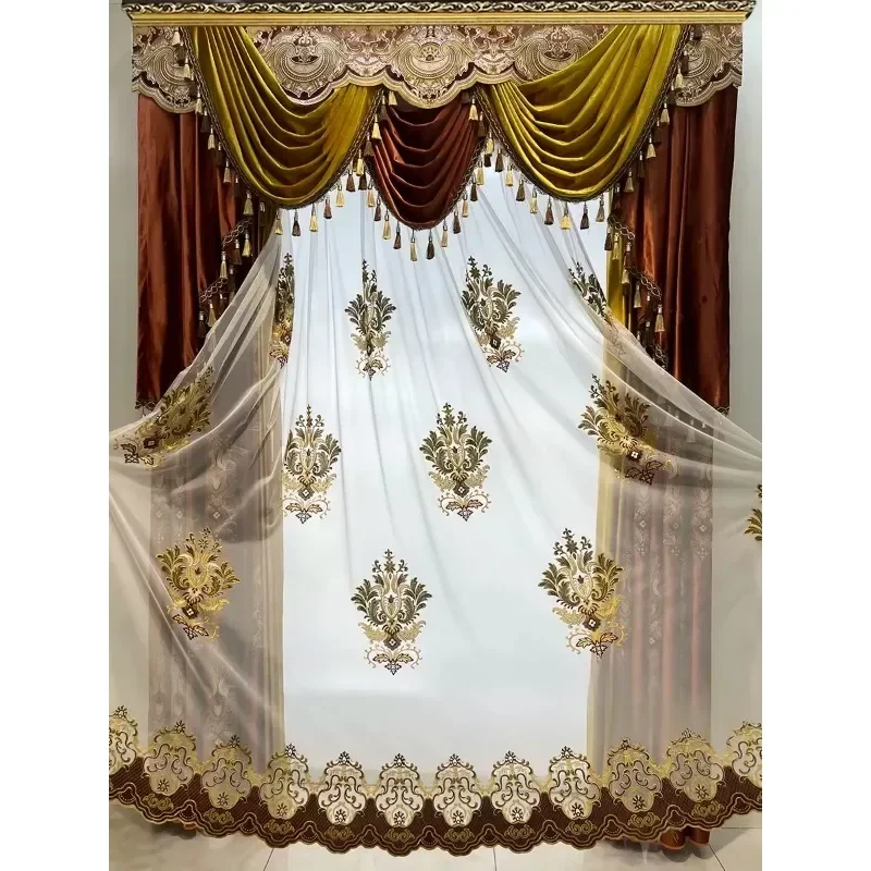 

Custom European Royal Red Embroidery Splicing Velvet Luxury Curtains For Living Room Bedroom Hall French Window Blackout Valance