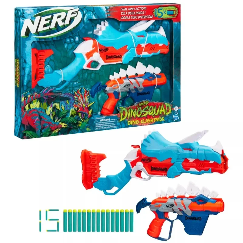 

Hasbro Heat Nerf DinoSquad Dinosaur Squad Triceratops Stegosaurus Set Launcher with Moving Hand-operated Desktop Case Display