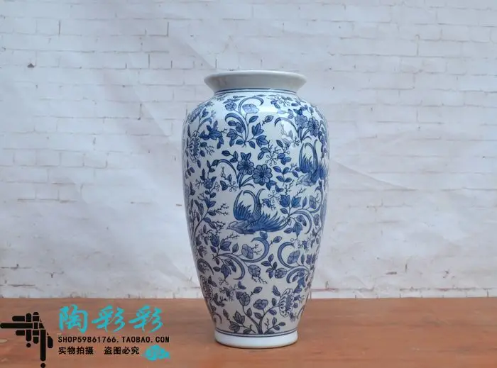 Classical ceramic vase large mouth flower arrangement blue and white porcelain flower and bird pattern vase flower