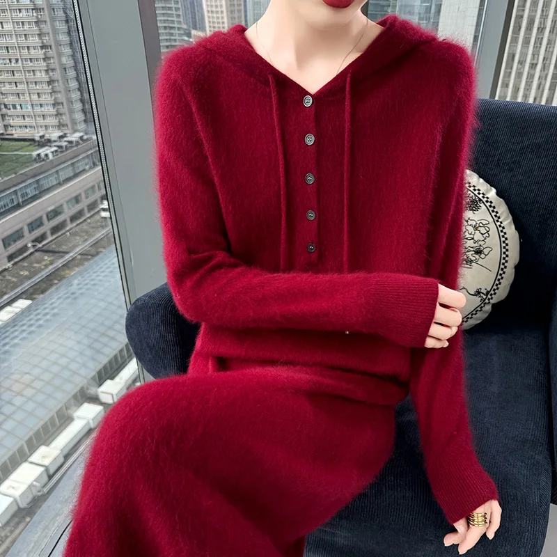 2026New 100%Pure Mink Cashmere Hooded Long Skirt ,Women's Hoodie Drawstring Dress Fashion Loose Knitwear Autumn Bottoming Skirts