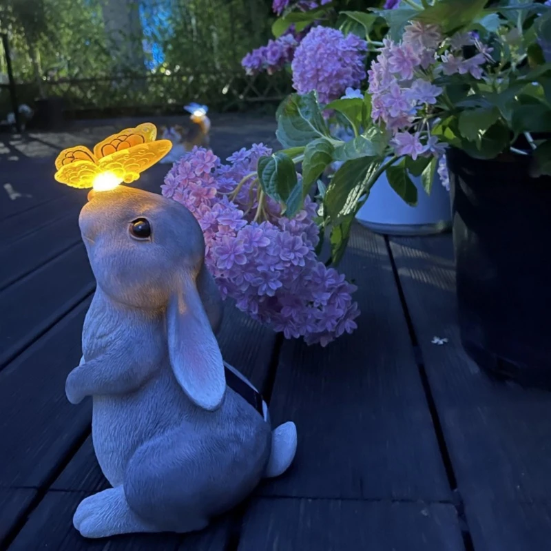 Garden Outdoor Decoration Dog Rabbit with Solar Butterfly Light Garden Figurines for Animal Lover Patio Yard Lawn Porch