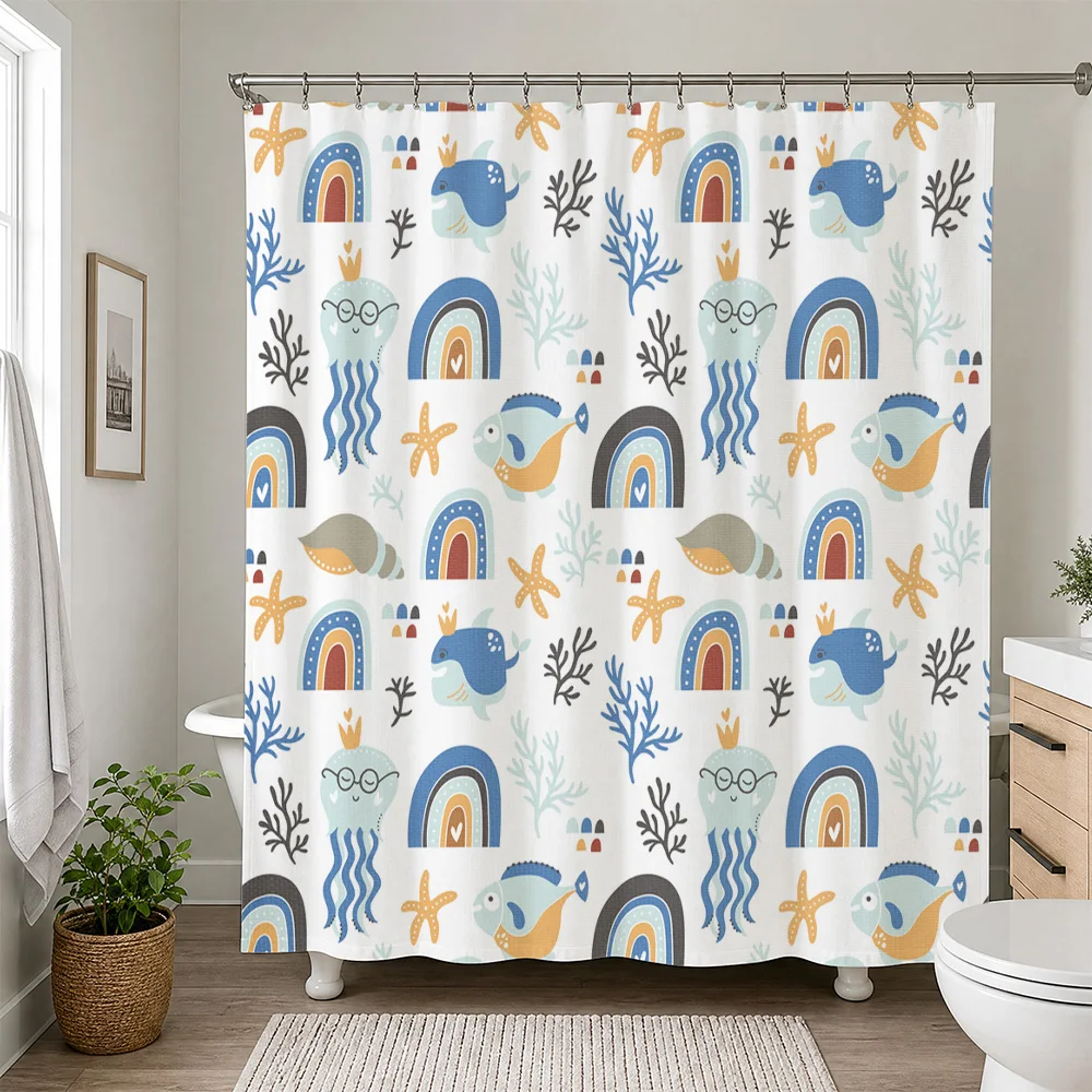Adorable Underwater Rainbow Ocean Theme Waterproof Shower Curtain for Bathroom Home Decor Supplies Sea Life Pattern