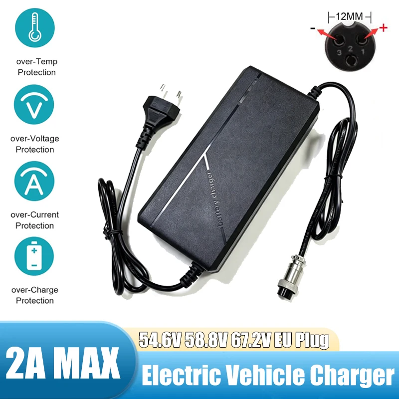 GX16-3 Pin 2A Li-ion Battery Charger 54.6V 58.8V 67.2V EU Plug for Electric Vehicle 48V 52V 60V Battery ZERO VSETT Dualtron