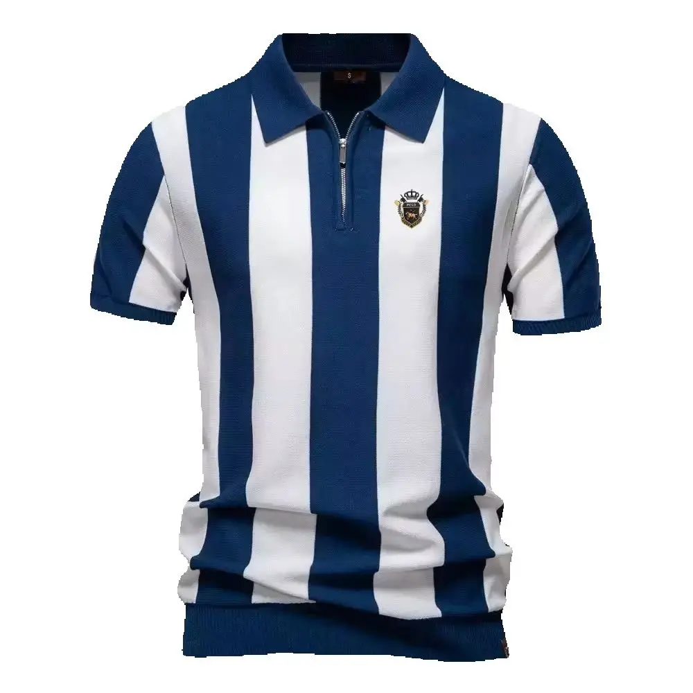 Embroidered new summer men's breathable striped patchwork polo shirt - comfortable short sleeved casual knitted shirt