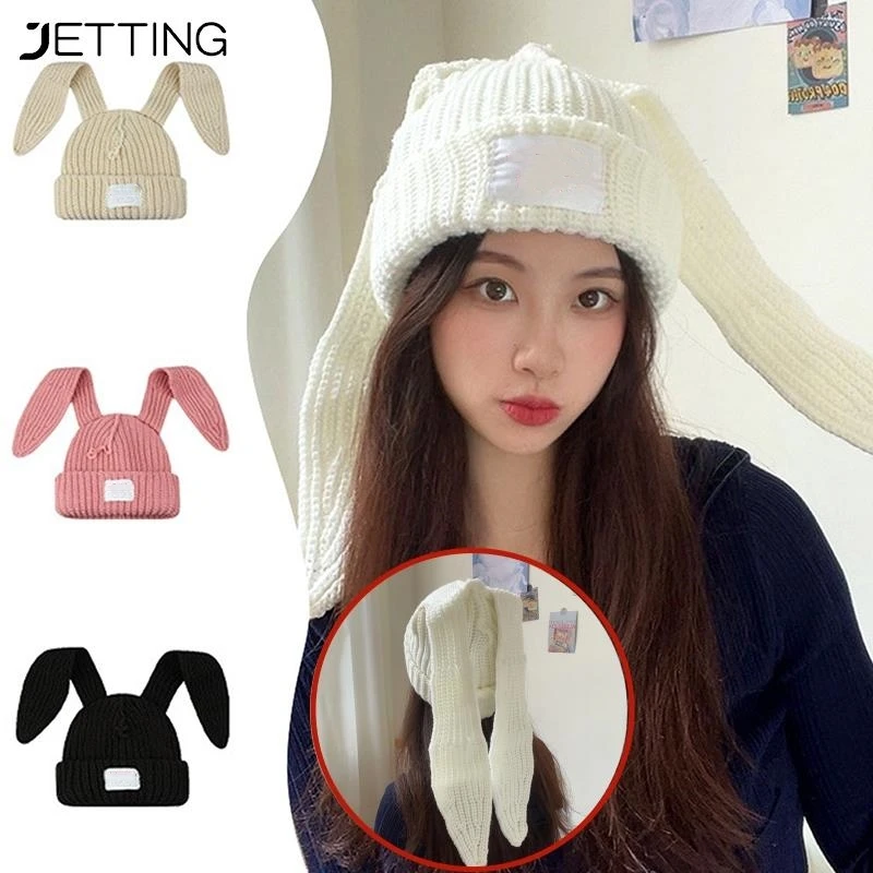 Cute Long Ears Rabbit Knitted Hat Men Women Rabbit Ear Warm Crochet Beanies Kpop Stray Hip Hop Hat Woman Winter Skullies Cap