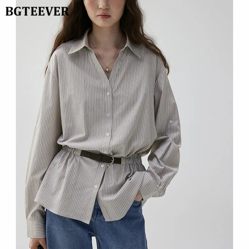 

BGTEEVER Stylish Lapel Women Single-breasted Striped Blouses Casual Long Sleeve Slim Waist Belted Ladies Shirts