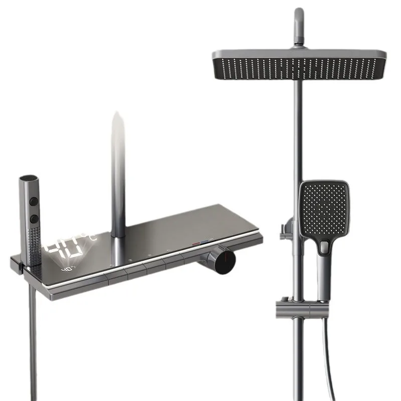 

All copper shower shower set bath pressurized nozzle all-copper intelligent digital display gun gray thermostatic piano