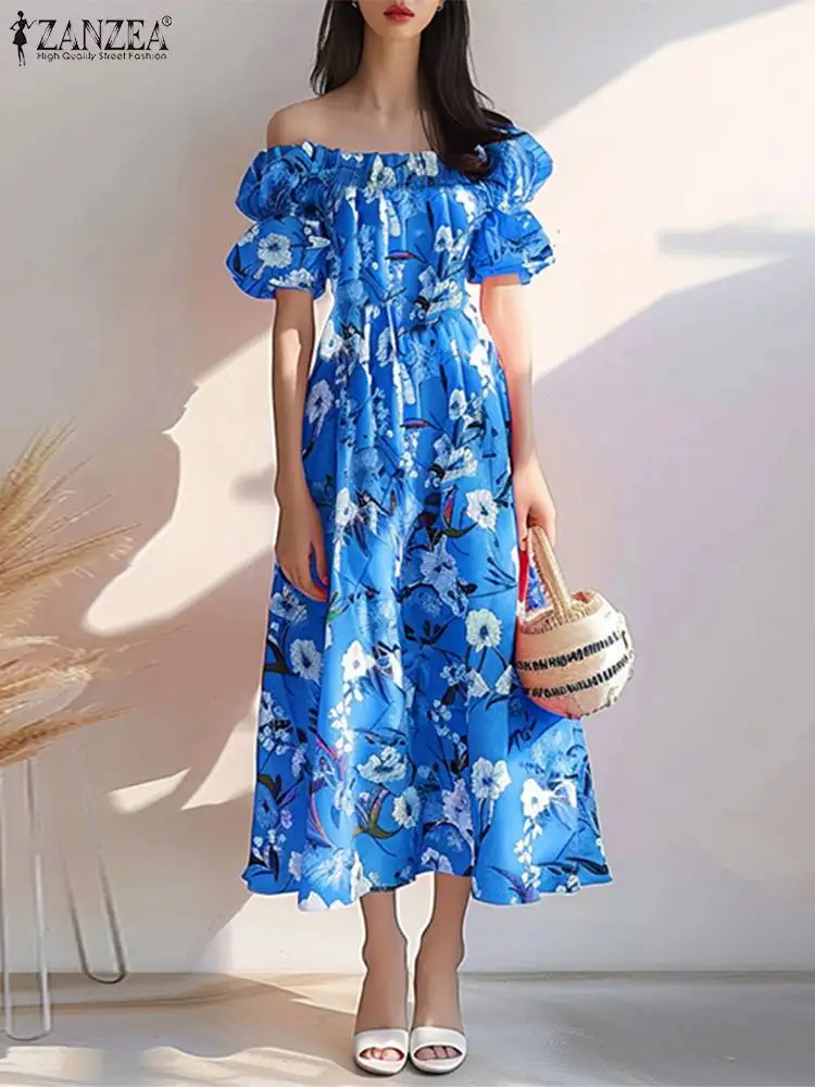 

ZANZEA Summer Floral Printed Dress Women Off Shoulder Party Dress SHoliday hort Sleeve Long Robe Vintage Bohemian A-line Dress