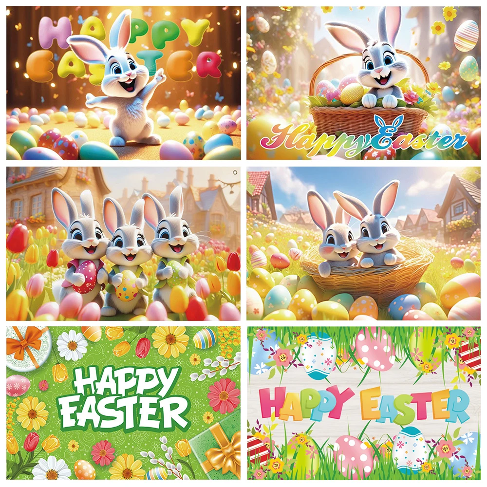 

Spring Easter Photography Backdrop Cute Rabbit Eggs Floral Grass Rustic Wood Board Background Party Decor Baby Photo Booth Props