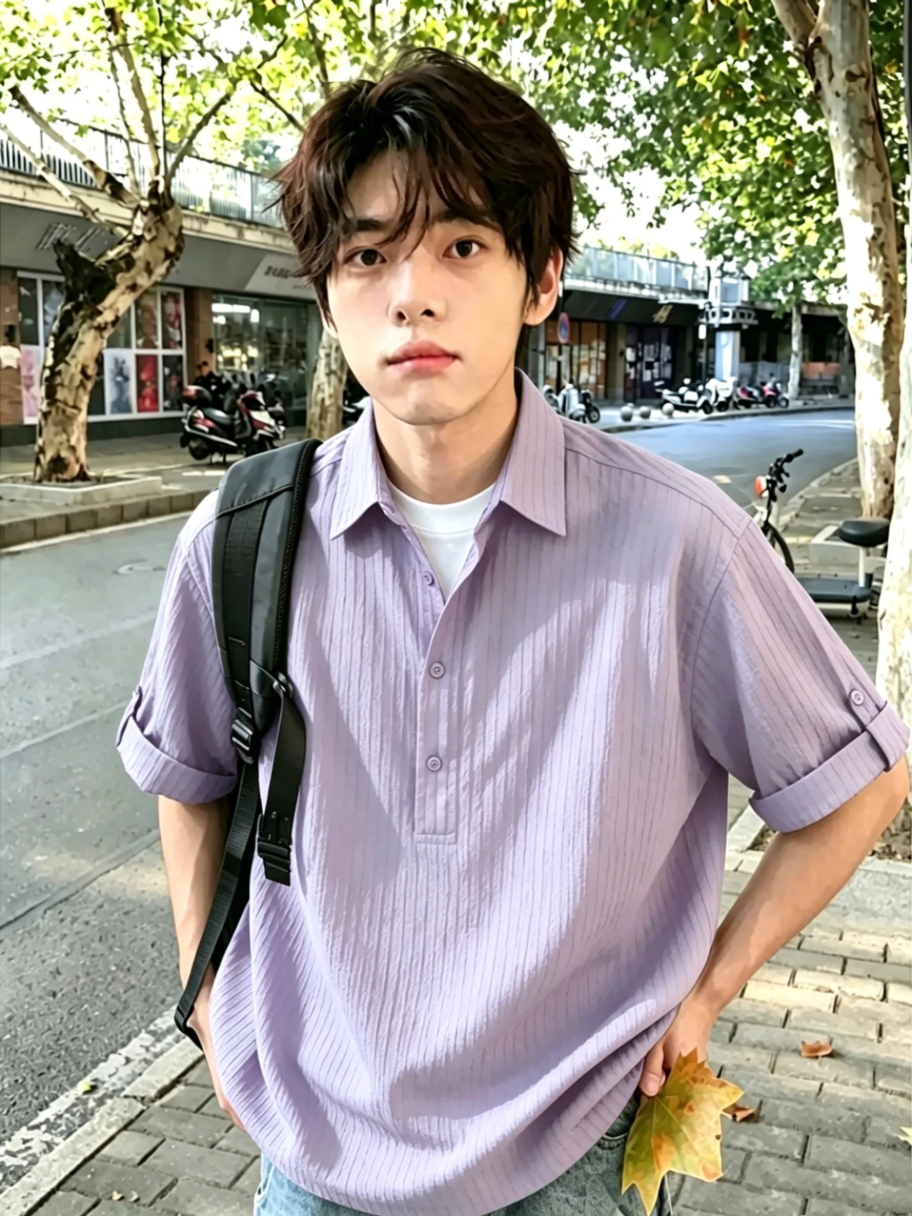Light Purple Texture Stripe  Shirt Men's Short Sleeve Summer Casual Style Polyester Blend Breathable Comfortable Fit Shirt