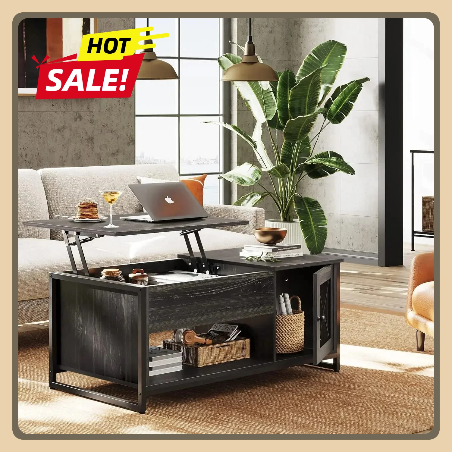 

Журнальный столик 41,7 дюйма, журнальный столик с подъемным верхом со скрытым отделением и шкафом для хранения, деревянный центральный стол, черный