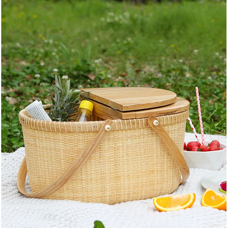 Handmade Rattan Storage Boxes Double Open Lid Design Picnic Case Dustproof Fruit Baskets Versatile Practical Organizer Baskets