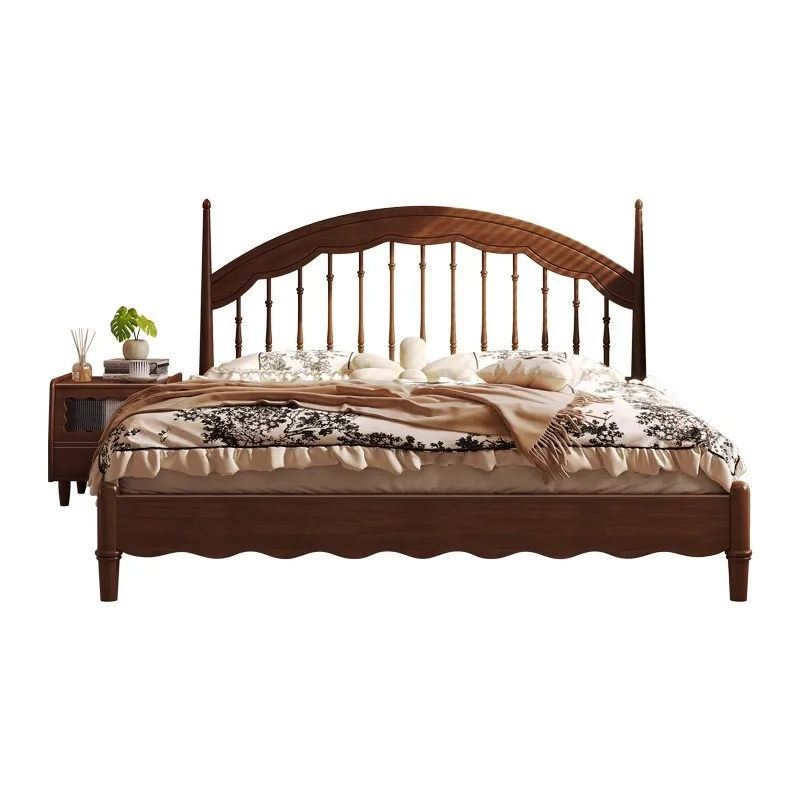 Rubber wood full solid wood bed modern simple retro harp turning table bed double bed