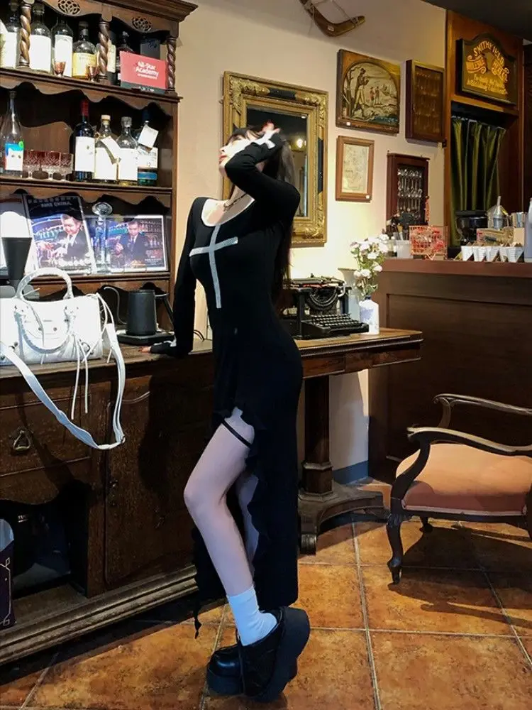 Vintage Gedruckt Lange Kleid Frauen Sexy Spicy Girl Slim Fit Rüschen Split A-linie Kleider Mode Langarm Party Robe